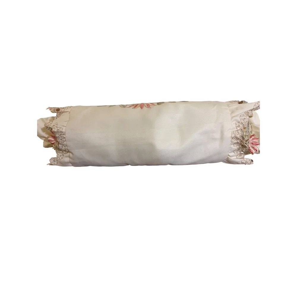 Cream Embroidered Lotus Bolster Pillow Ruffle Lace Trim Cylindrical 22in cottage